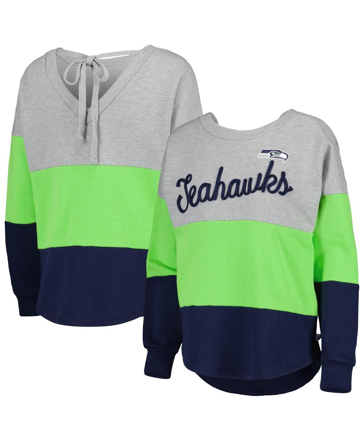 Women's Touch Heathered Gray, College Navy Seattle Seahawks Outfield Deep V-Back Pullover Sweatshirt - Heathered Gray, College Navy