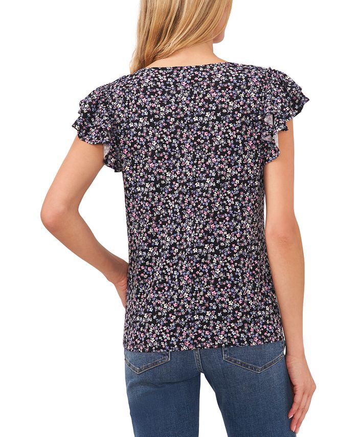CeCe Women's Floral-Print Double-Ruffle Sleeve Top - Macy's