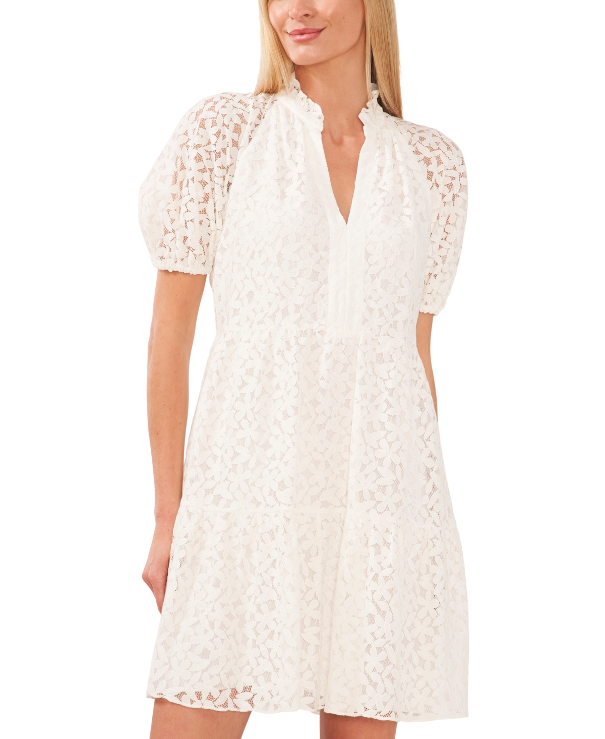 Cece Women's Lace Babydoll Puff Sleeve Tiered Dress In New Ivory