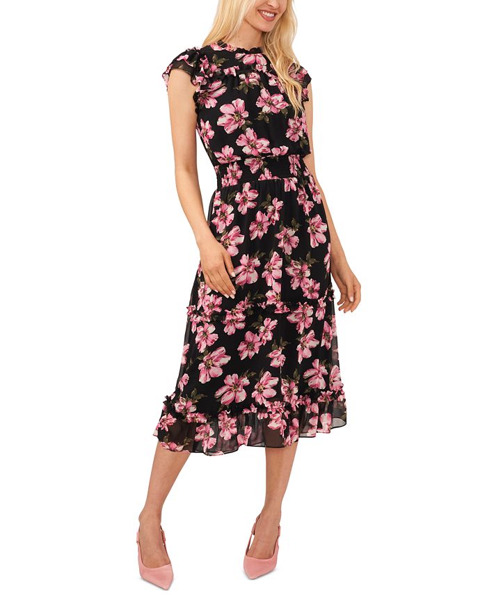 BRIGHT FLORAL DRESS W/SMOCKED FLUTTER SLEEVES main image 0