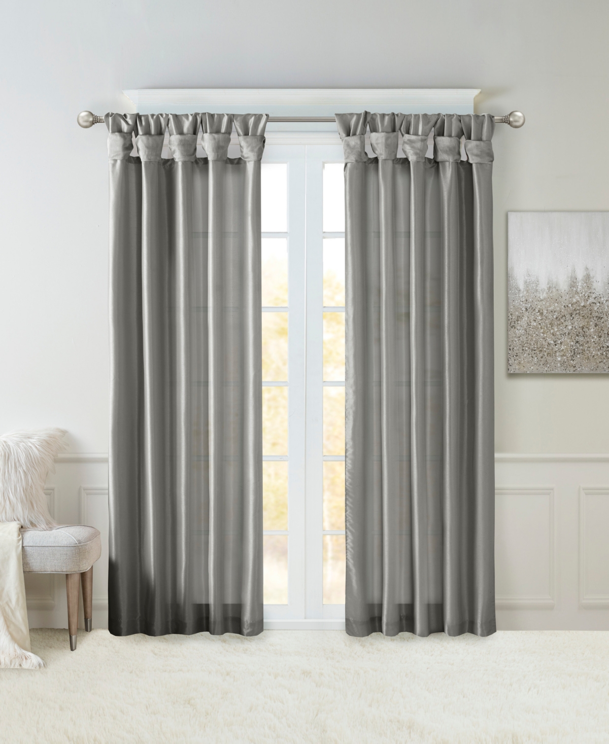 Emilia Twist Tab Lined Window Curtain Panel, 50"W x 95"L - Charcoal