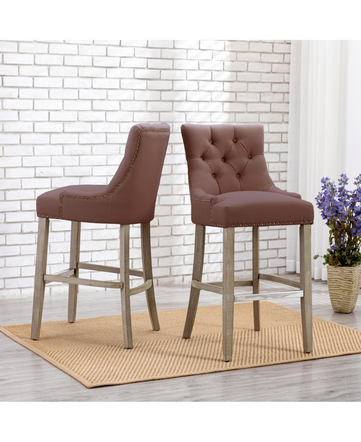 29" Linen Tufted Buttons Upholstered Wingback Bar Stool (Set of