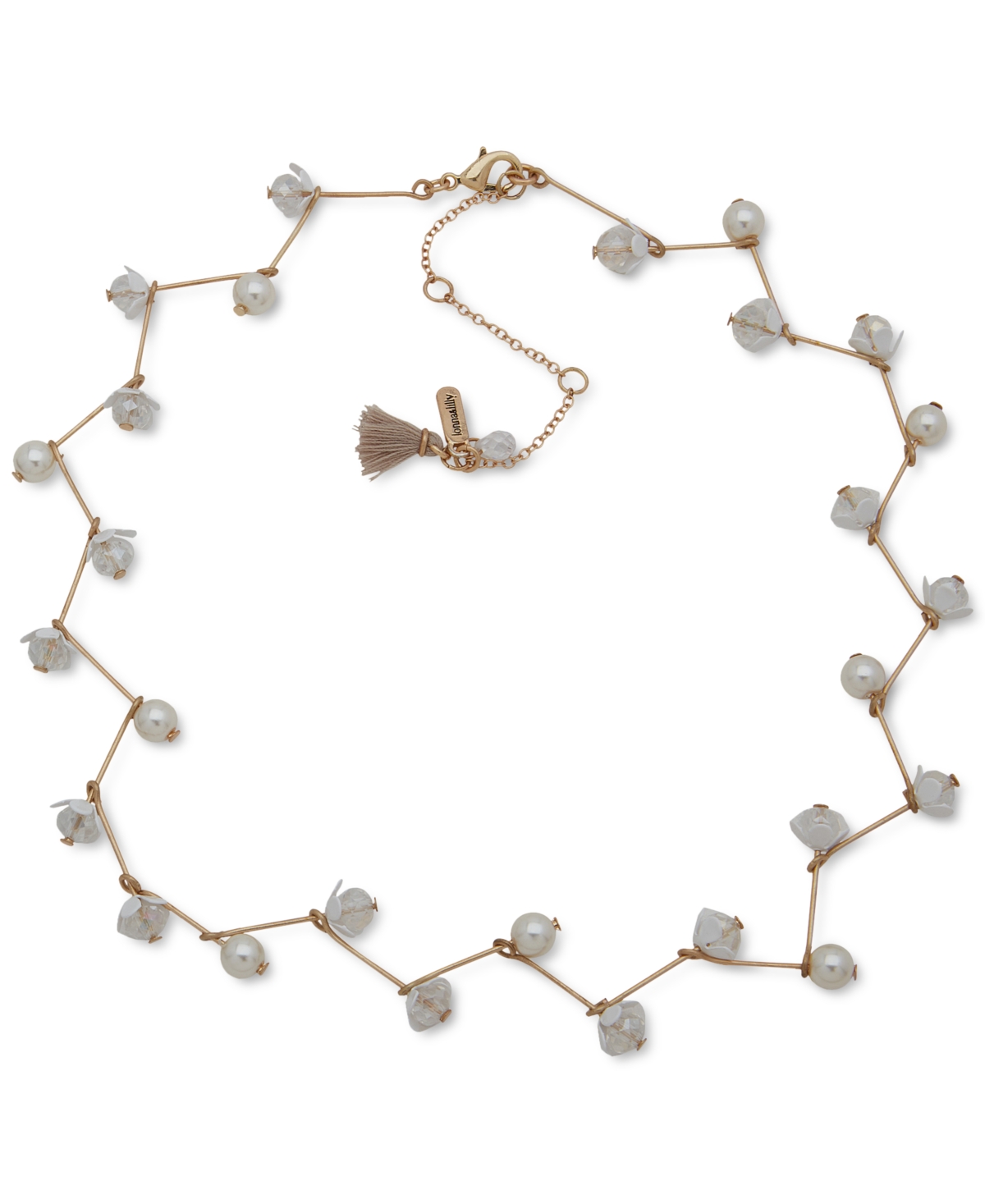 Lonna & Lilly Gold-tone Crystal Flower & Imitation Pearl Zigzag Collar Necklace, 16" + 3" Extender In White