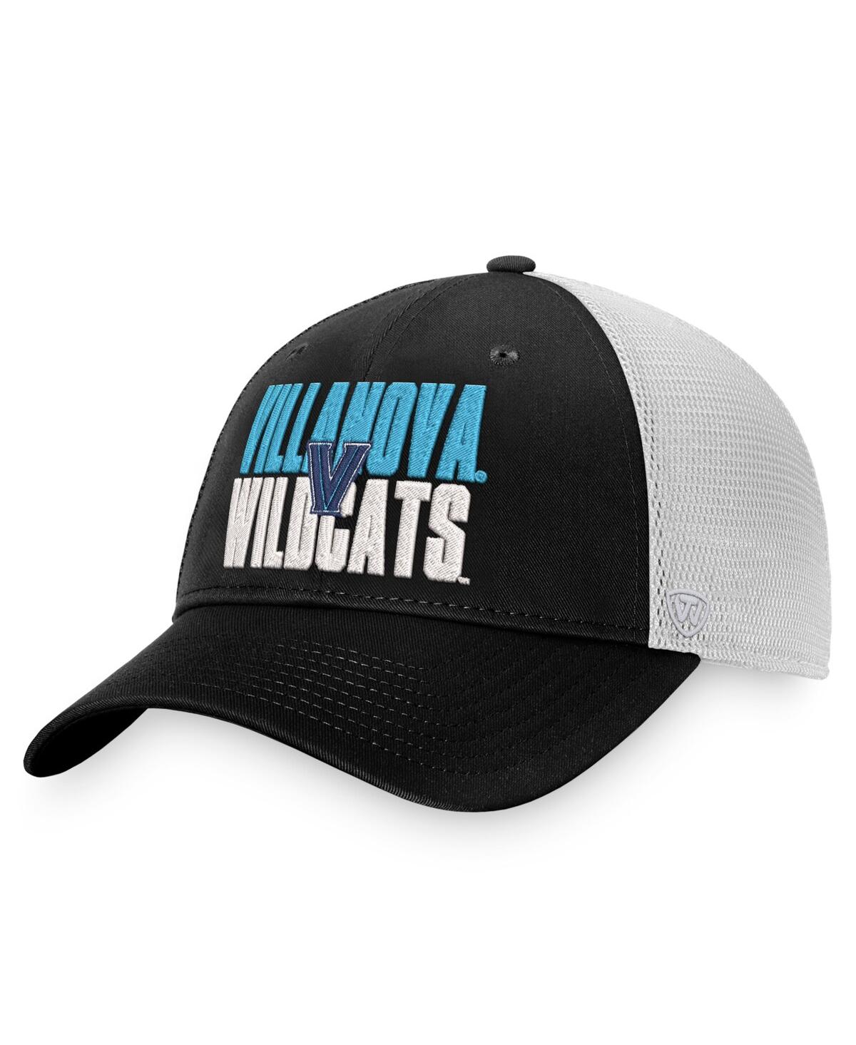 TOP OF THE WORLD MEN'S TOP OF THE WORLD BLACK, WHITE VILLANOVA WILDCATS STOCKPILE TRUCKER SNAPBACK HAT 