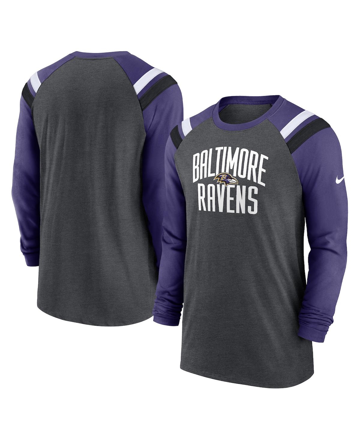Shop Nike Men's  Heathered Charcoal, Purple Baltimore Ravens Tri-blend Raglan Athletic Long Sleeve Fashion In Heathered Charcoal,purple