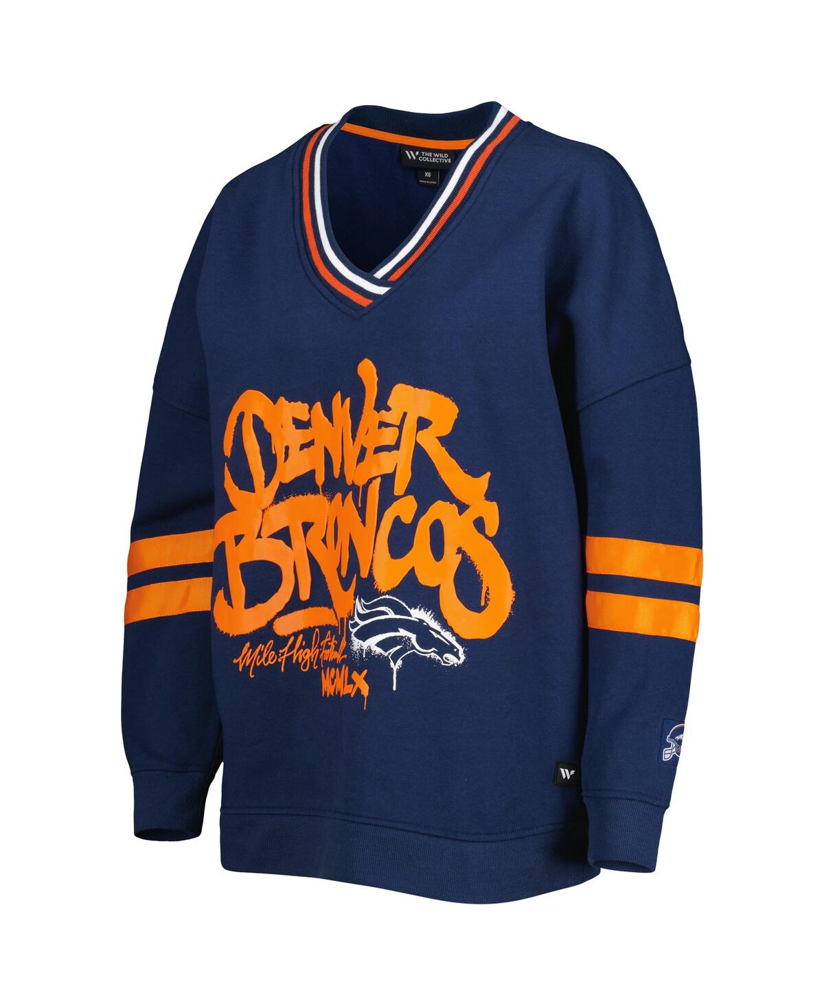 Shop The Wild Collective Women's  Navy Denver Broncos Vintage-like Pullover V-neck Sweatshirt