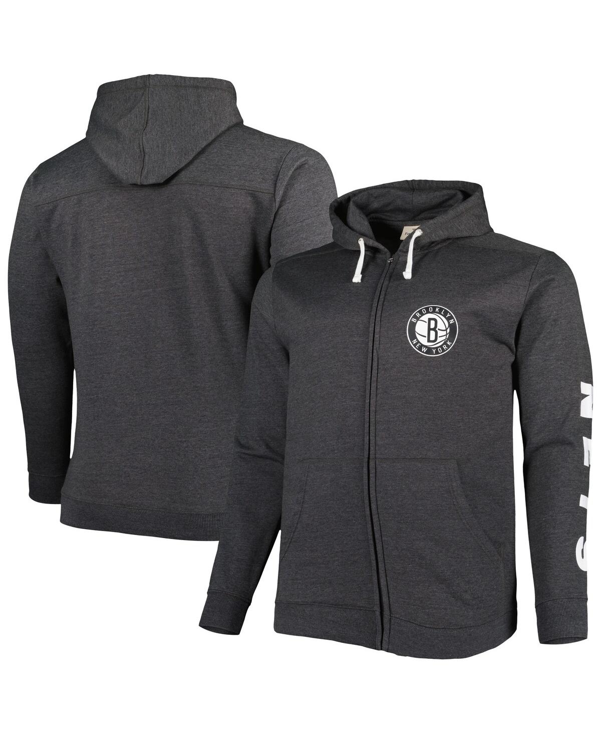 Fanatics Men's  Heathered Black Brooklyn Nets Big And Tall Down And Distance Full-zip Hoodie In Heathered Black