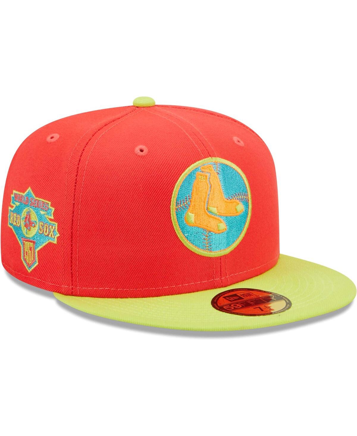 NEW ERA MEN'S NEW ERA RED, NEON GREEN BOSTON RED SOX LAVA HIGHLIGHTER COMBO 59FIFTY FITTED HAT 