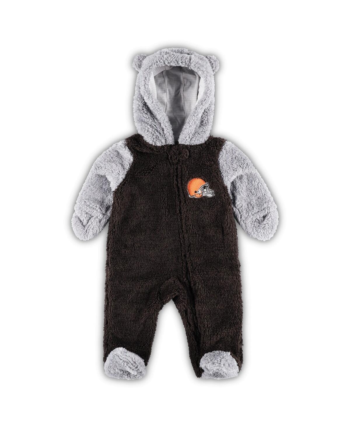Outerstuff Newborn And Infant Boys And Girls Brown, Gray Cleveland Browns Game Nap Teddy Fleece Bunting Full-zi In Brown,gray