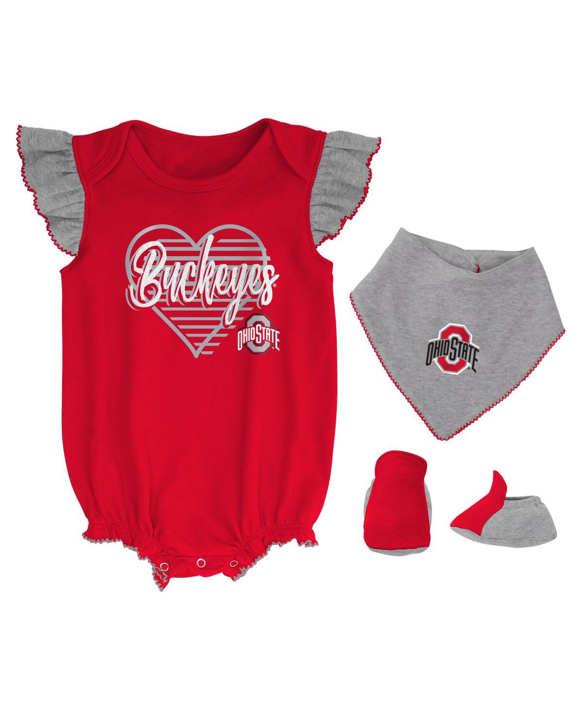 Shop Outerstuff Girls Newborn And Infant Scarlet, Heather Gray Ohio State Buckeyes All The Love Bodysuit Bib And Boo In Scarlet,heather Gray