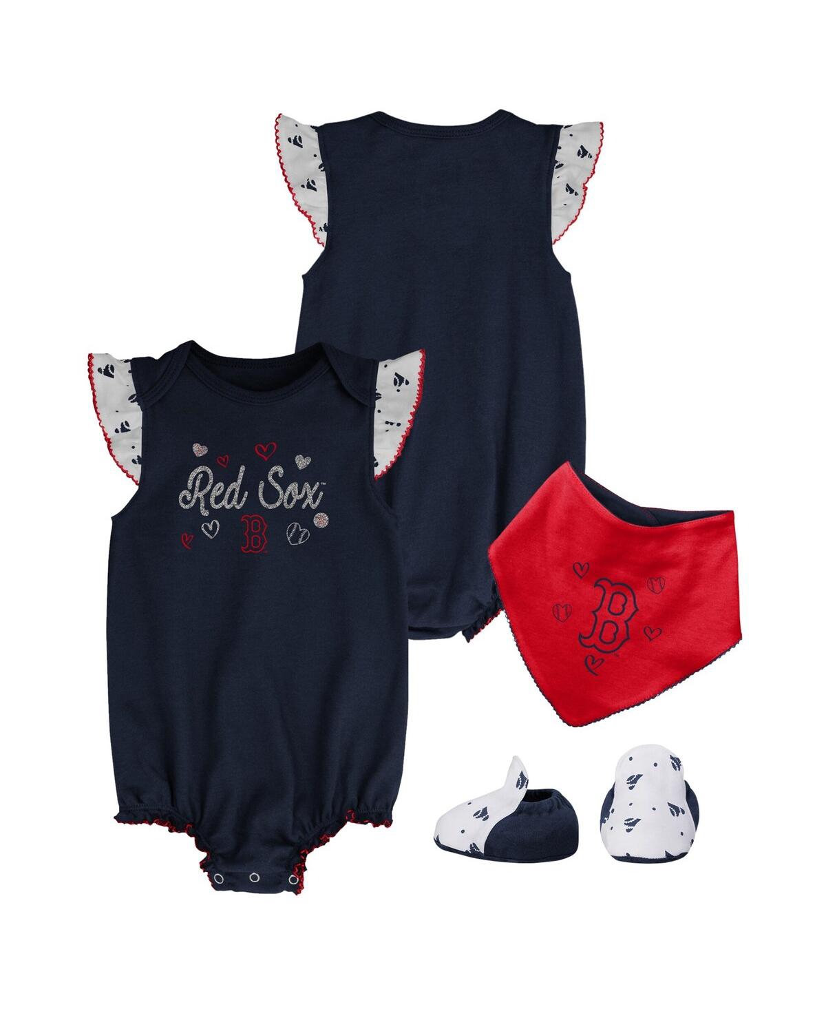 Outerstuff Girls Newborn And Infant Navy Boston Red Sox 3-piece Home Plate Bodysuit Bib And Booties Set In Navy