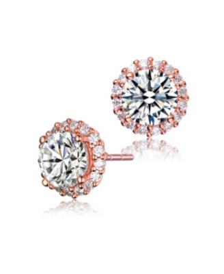 Sterling Silver Clear Round Cubic Zirconia with Pronged Halo Small Clear Round Cubic Zirconias Button Style Earrings