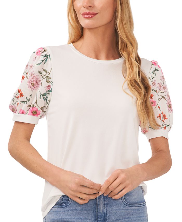 CeCe Women's Floral Mixed Media Short Puff Sleeve Knit Top - Macy's