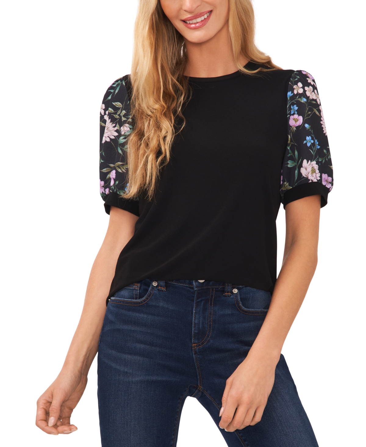 CeCe Women's Mixed-Media Floral Puff-Sleeve Top
