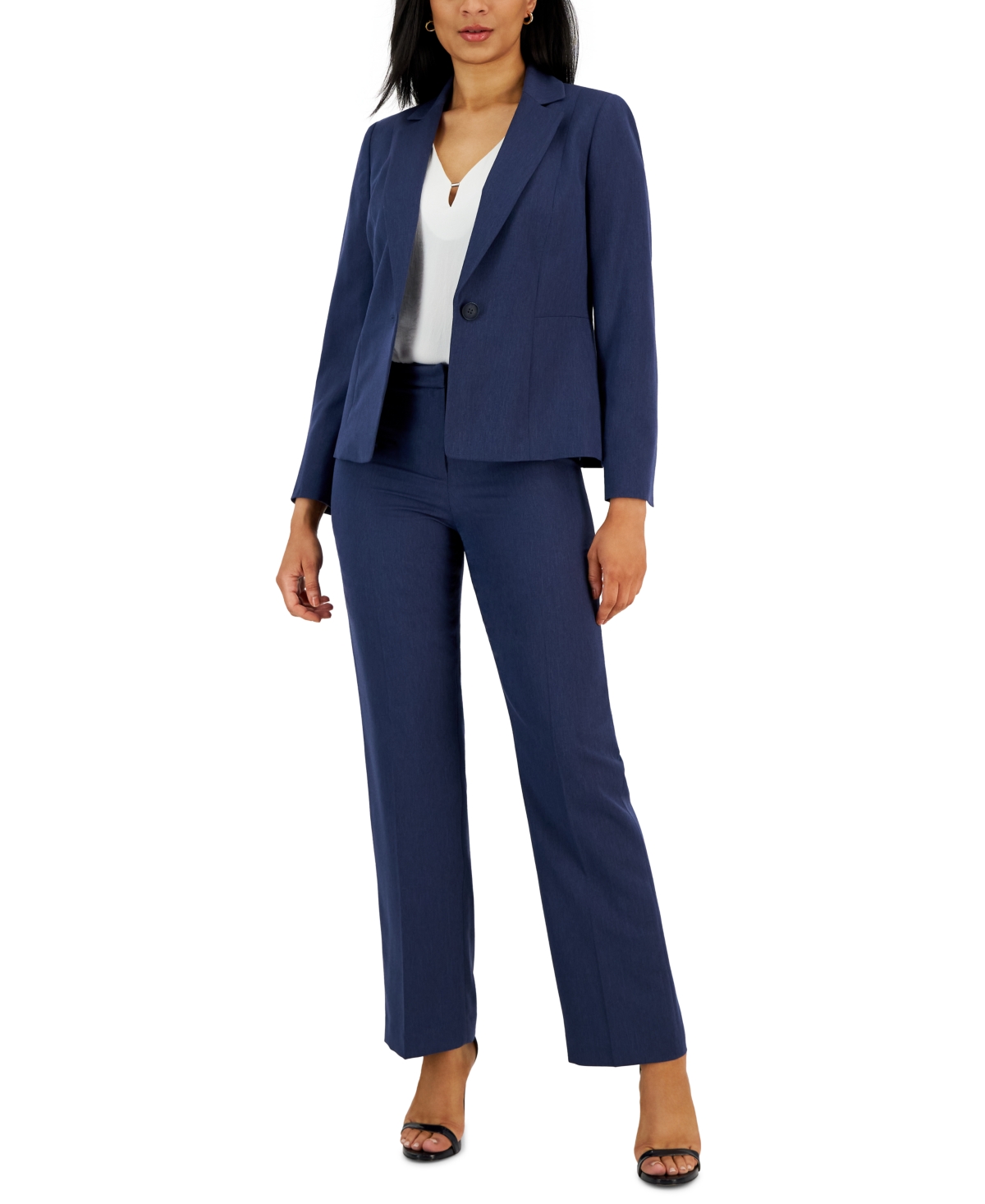 Le Suit Herringbone Single Button Blazer & Straight Leg, Mid-rise Pantsuit, Regular And Petite Sizes In Denim Blue
