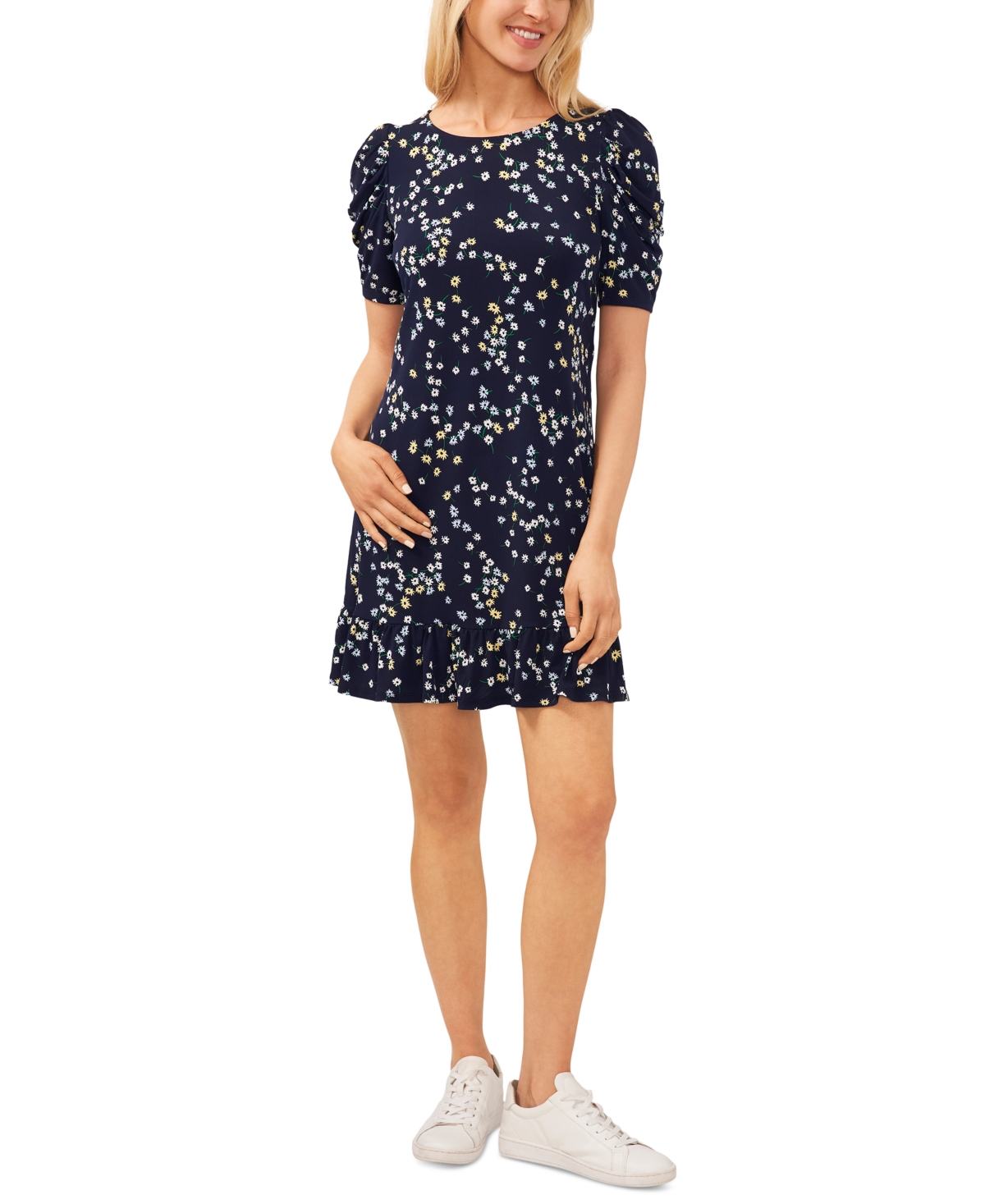 Women's Printed Puff-Sleeve Pullover Knit Dress - Navy J