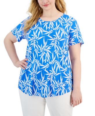 JM Collection - Plus Size Fluttering Leaves Scoop-Neck Top