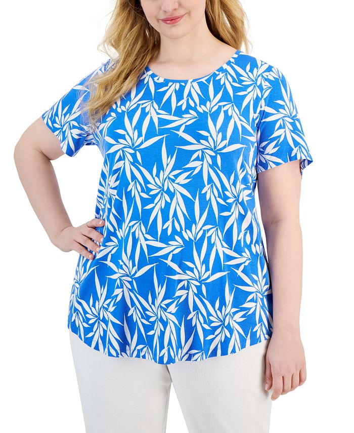JM Collection Plus Size Fluttering Leaves Scoop-Neck Top, Created for ...