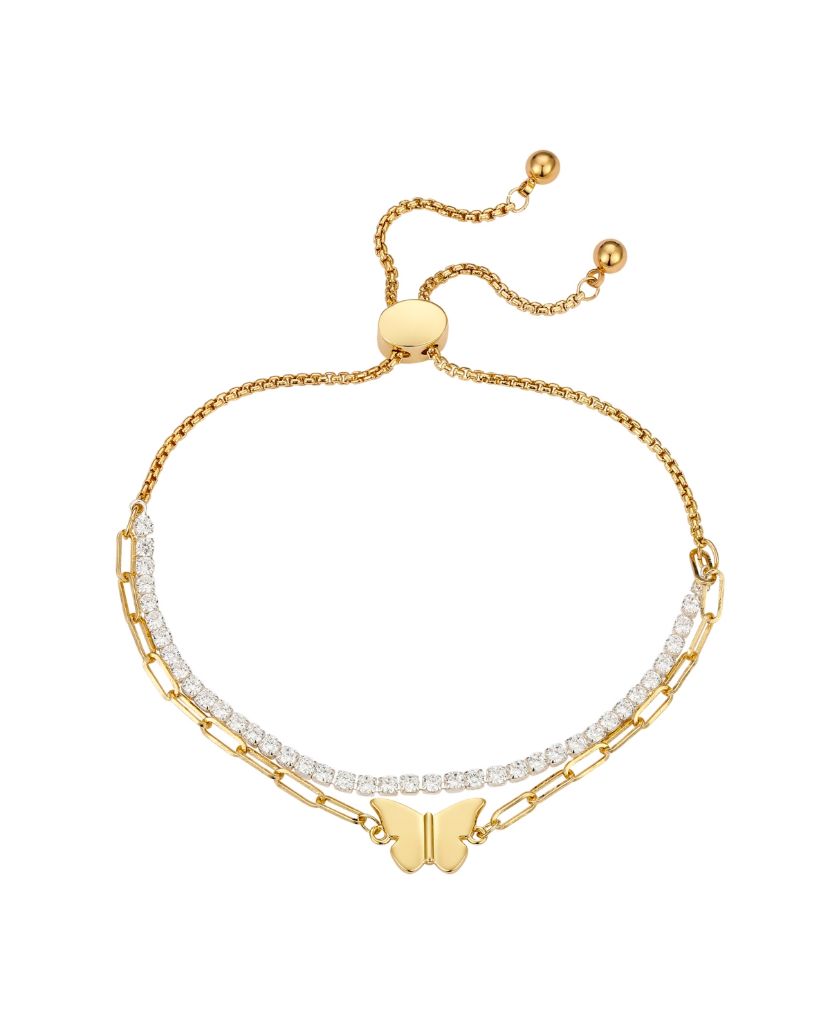 14K Two Tone Gold-Plated Cubic Zirconia and Butterfly Link Double Strand Bolo Bracelet - Gold Two-Tone