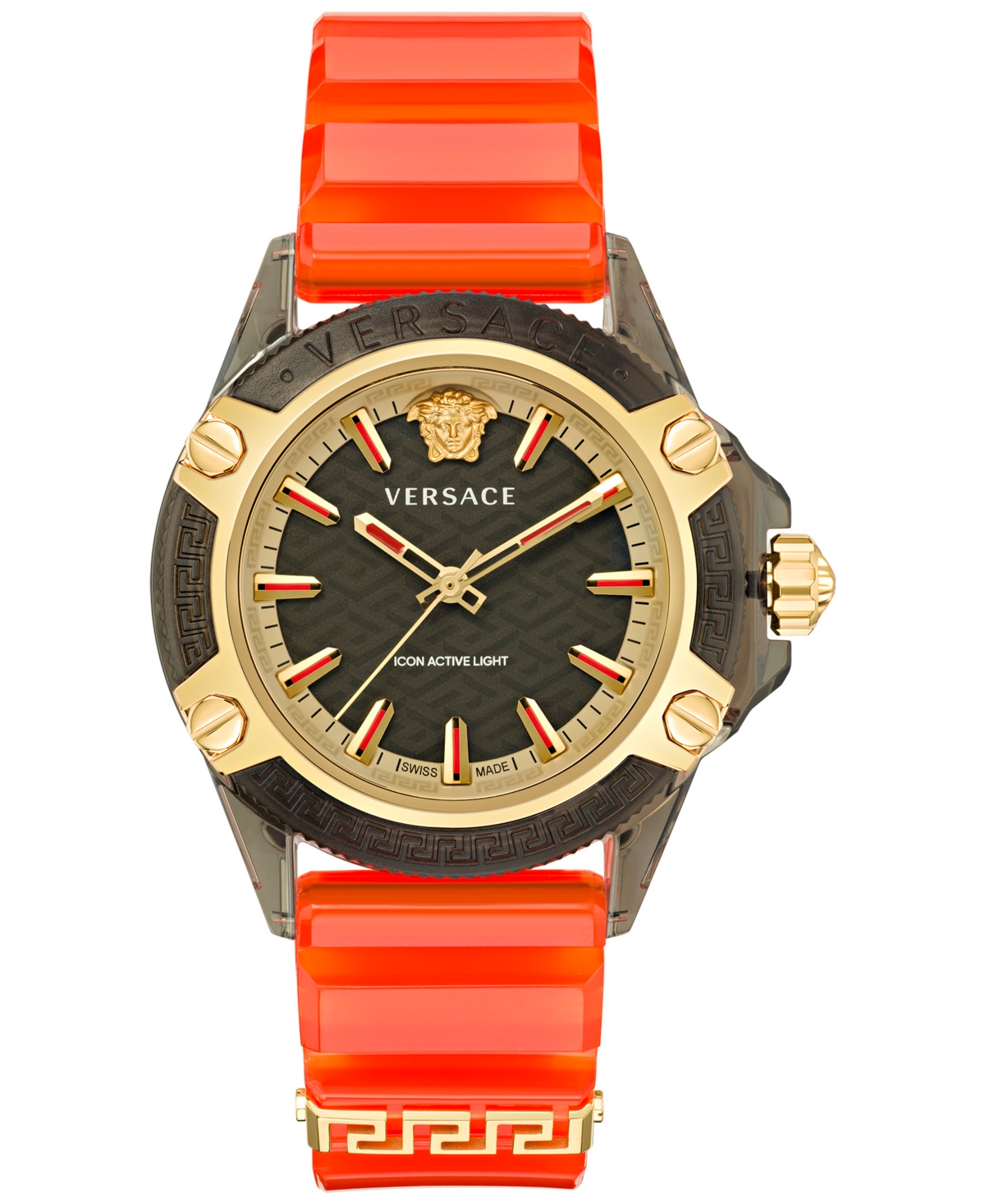 Shop Versace Men's Swiss Icon Active Orange Silicone Strap Watch 42mm In Transparent Black