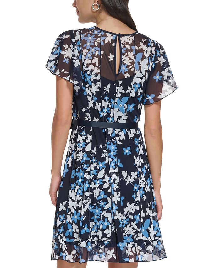 Floral Lace Pompom Detail Tie-Waist Flutter Sleeve Dress
