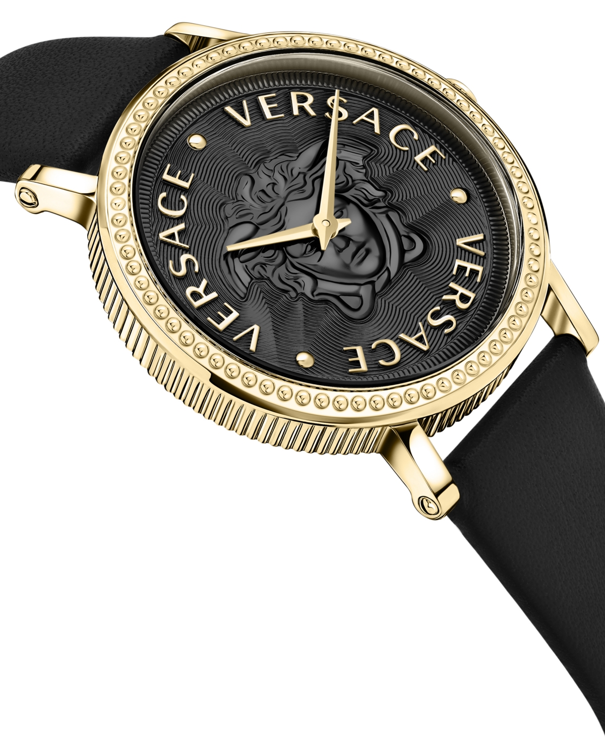 Shop Versace Women's Swiss V-dollar Black Leather Strap Watch 37mm In Ip Yellow Gold