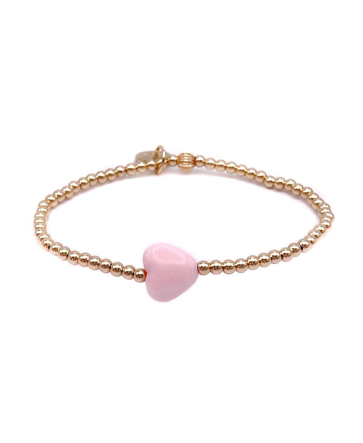 Non-Tarnishing Gold filled, 3mm Gold Ball and Pink Heart Stretch Bracelet - Gold  pink