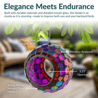 Outdoor Garden Patio Round Glass with Mosaic Design Hanging Fly-Through Bird Feeder