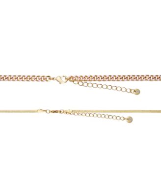 14K Gold Flash-Plated Light Pink Enamel Curb Chain and Herringbone  Chain Necklace Set