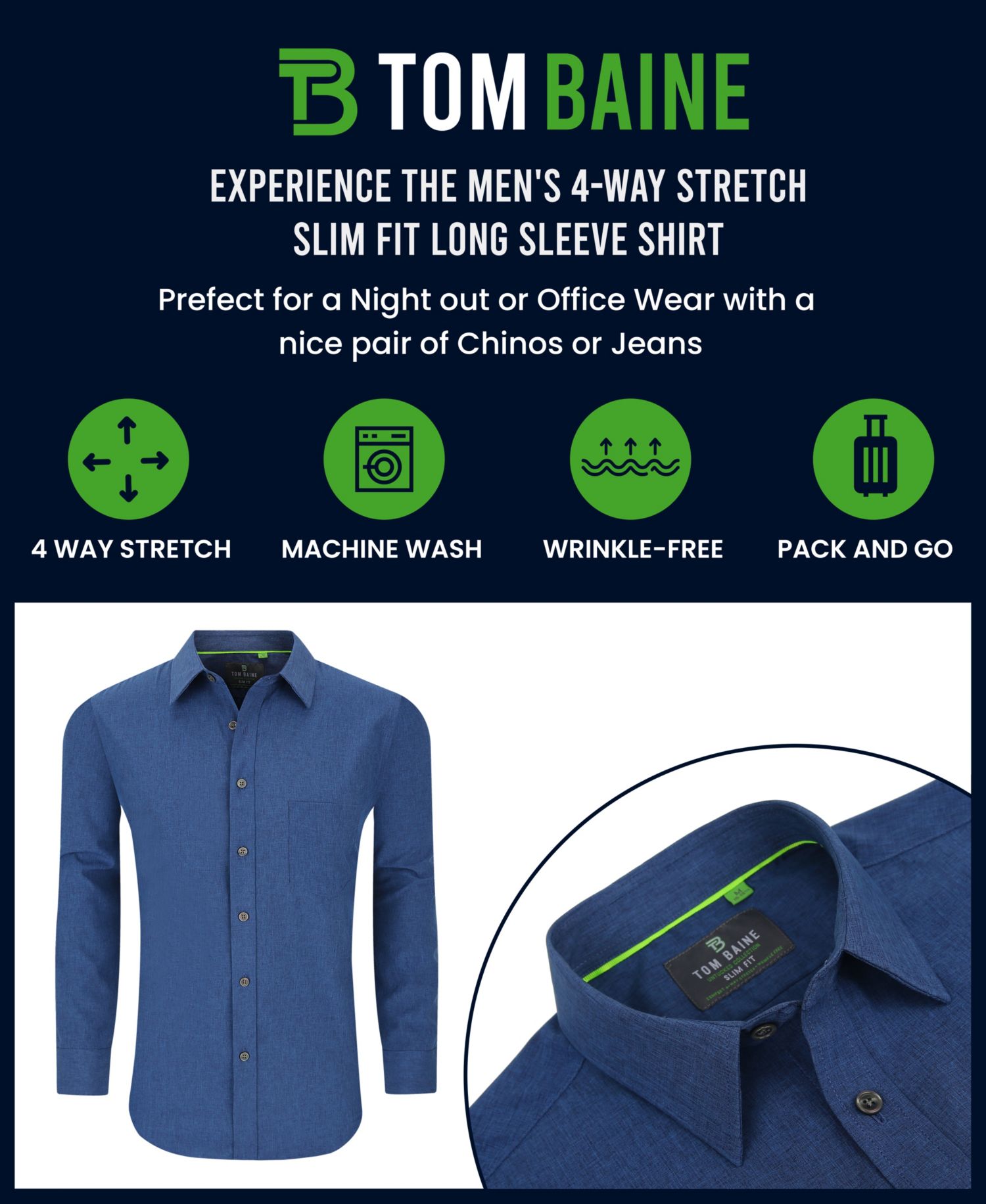 Men's Slim Fit Performance Long Sleeve Solid Button Down Dress Shirt