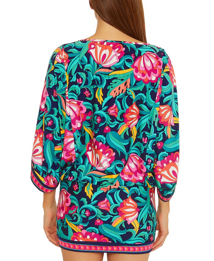 Trina Turk Women's Rio Tie Front Cover Up Tunic Blue Size X-Large