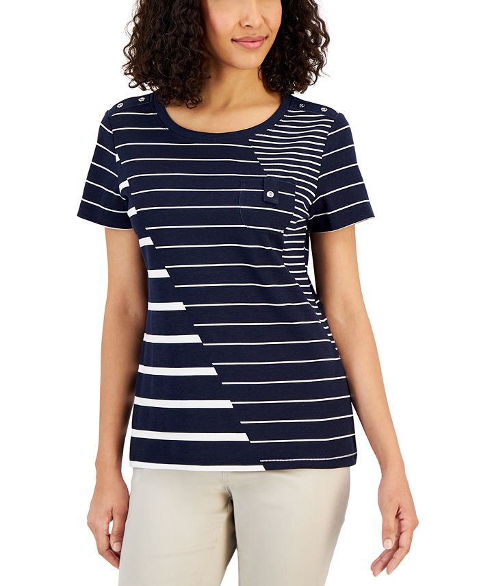 Karen Scott Women's Petite Asymmetrical-Stripe Top Short Sleeve