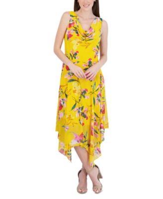 Robbie Bee - Petite Floral-Print Cowlneck Handkerchief-Hem Dress