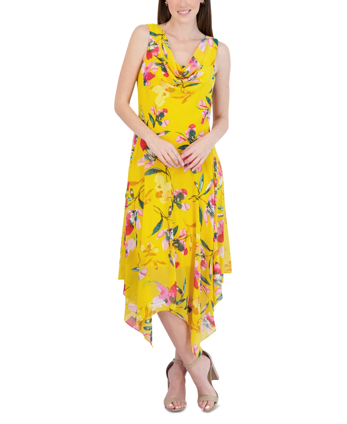 Petite Floral-Print Cowlneck Handkerchief-Hem Dress - Yellow Multi