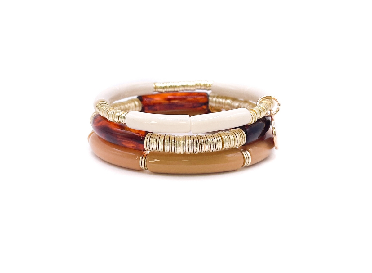 Bowood Lane Brushed Gold Disc And Acrylic Stretch Bracelet Stack, 3 Pieces In Brown