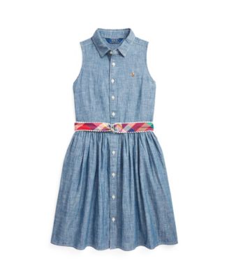 폴로 랄프로렌 Polo Ralph Lauren Big Girls Fit and Flare Belted Indigo Chambray Shirtdress,Quincy Wash