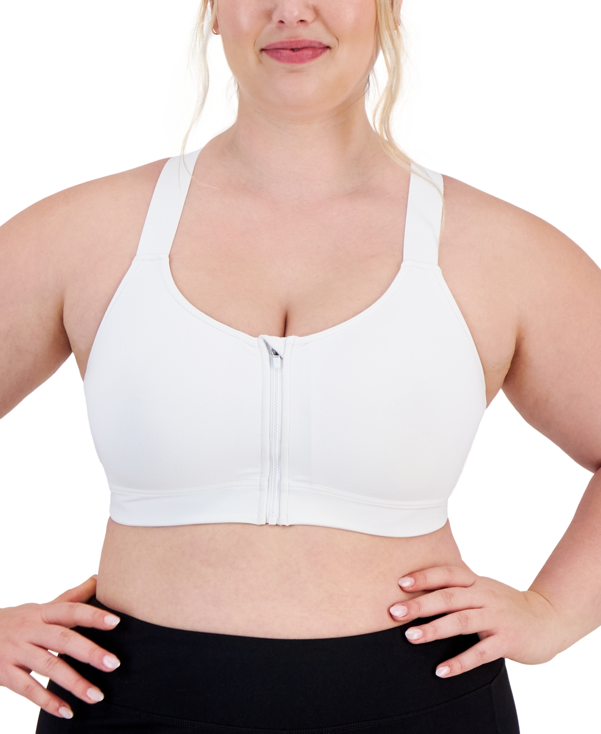 Id Ideology Plus Size High-impact Zip-front Sports Bra, Created For Macy's  In Bright White