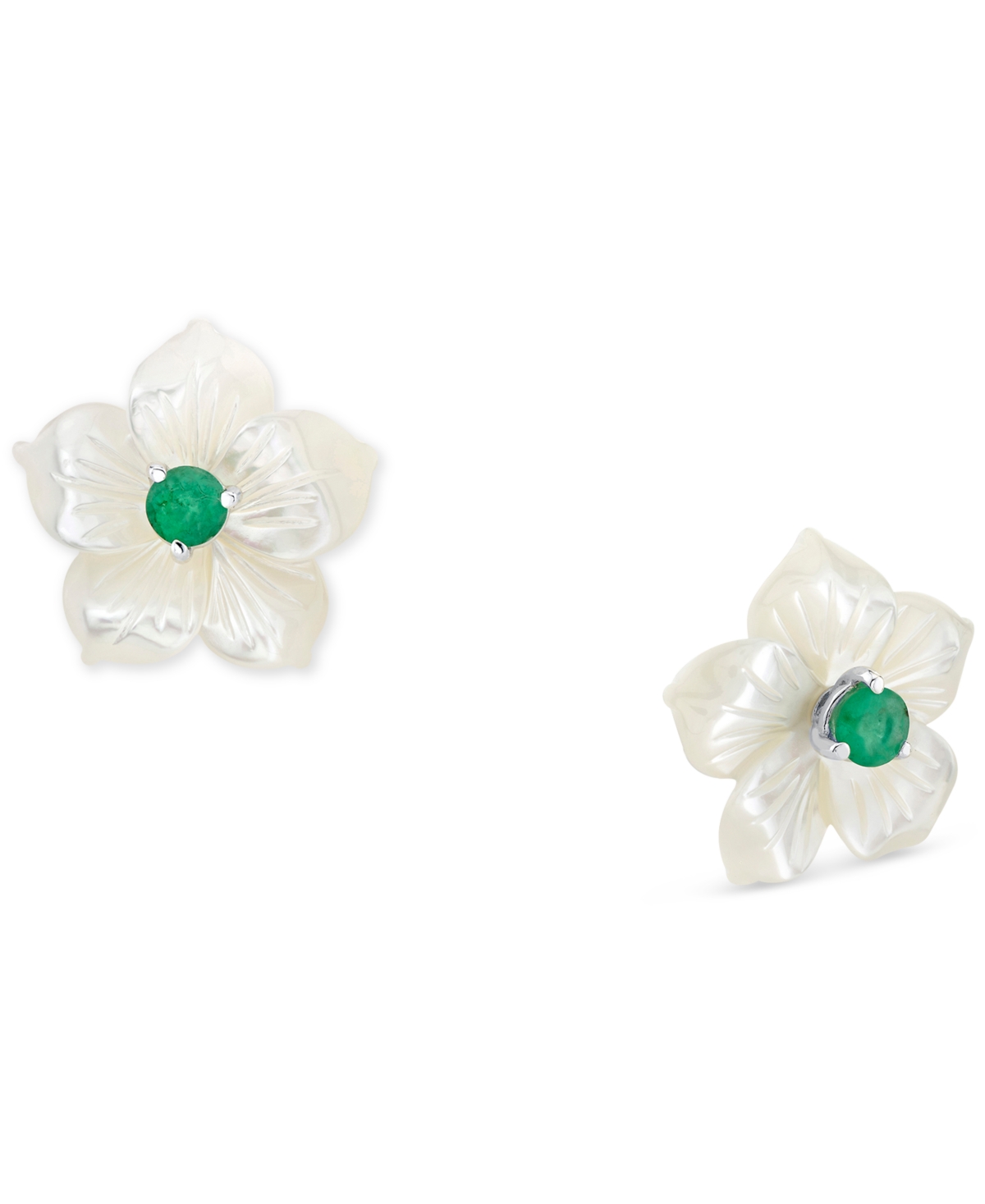 Macy's Mother-of-pearl (18mm) & Emerald (5/8 Ct. T.w.) Flower Stud Earrings In Sterling Silver