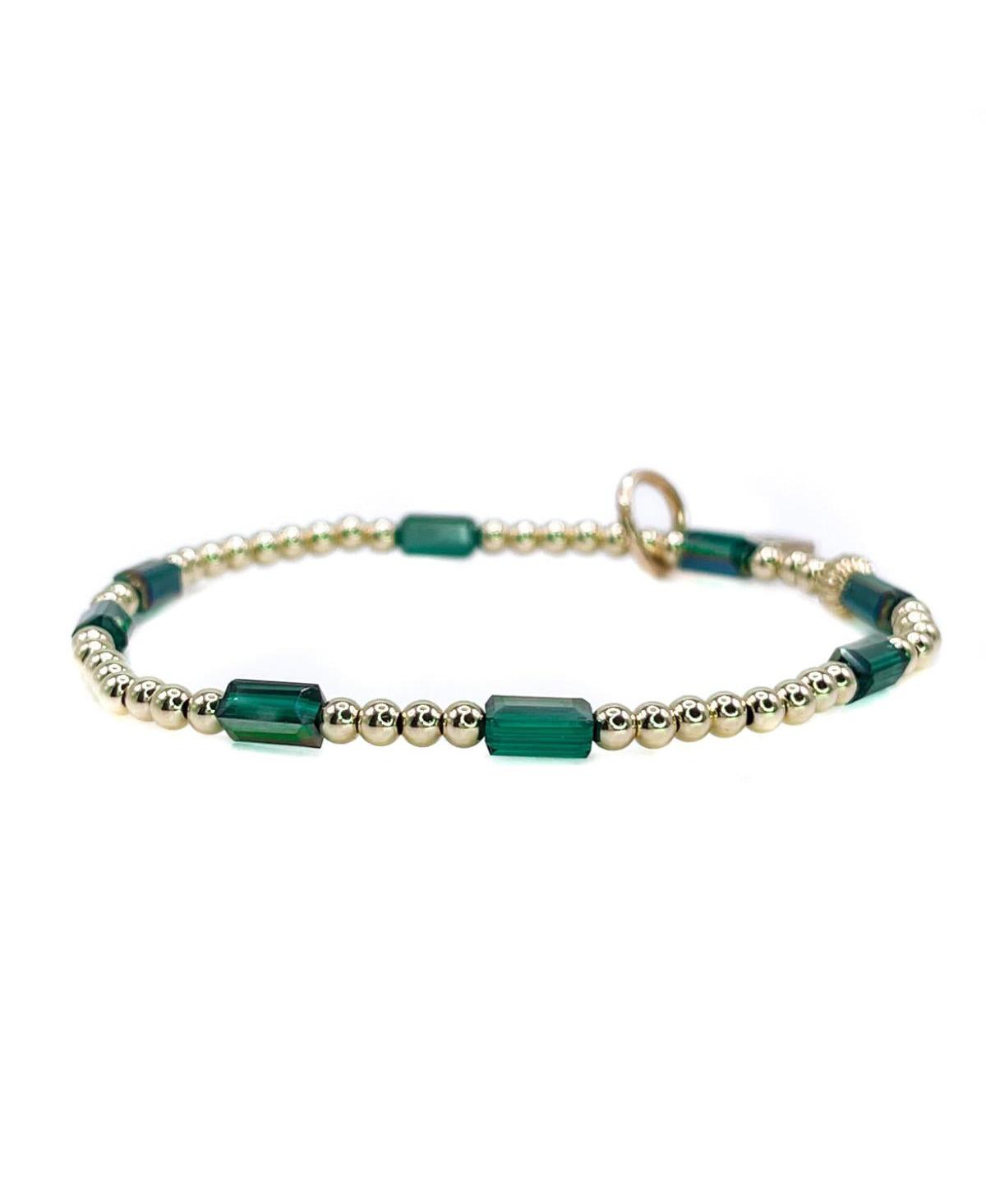 Non-Tarnishing Gold filled, 3mm Gold Ball and Emerald Glass Bead Stretch Bracelet - Gold  emerald