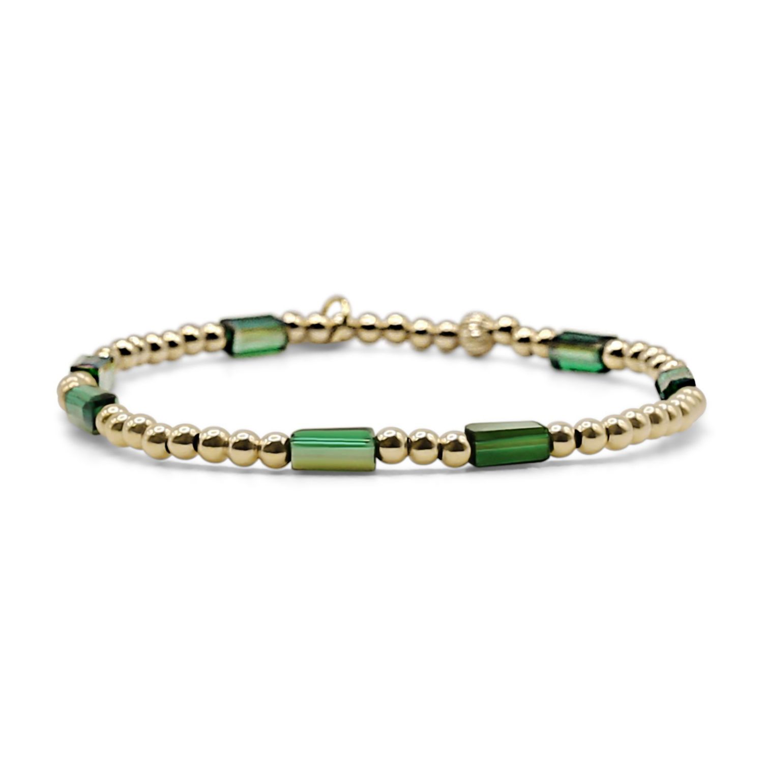 3mm Gold Filled Ball and Emerald Glass Bead Stretch Bracelet