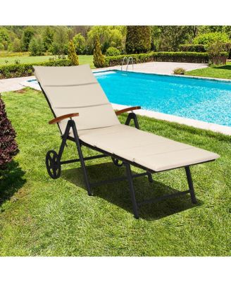 Folding Patio Rattan Lounge Chair Chaise Cushioned Aluminum Adjust Wheel