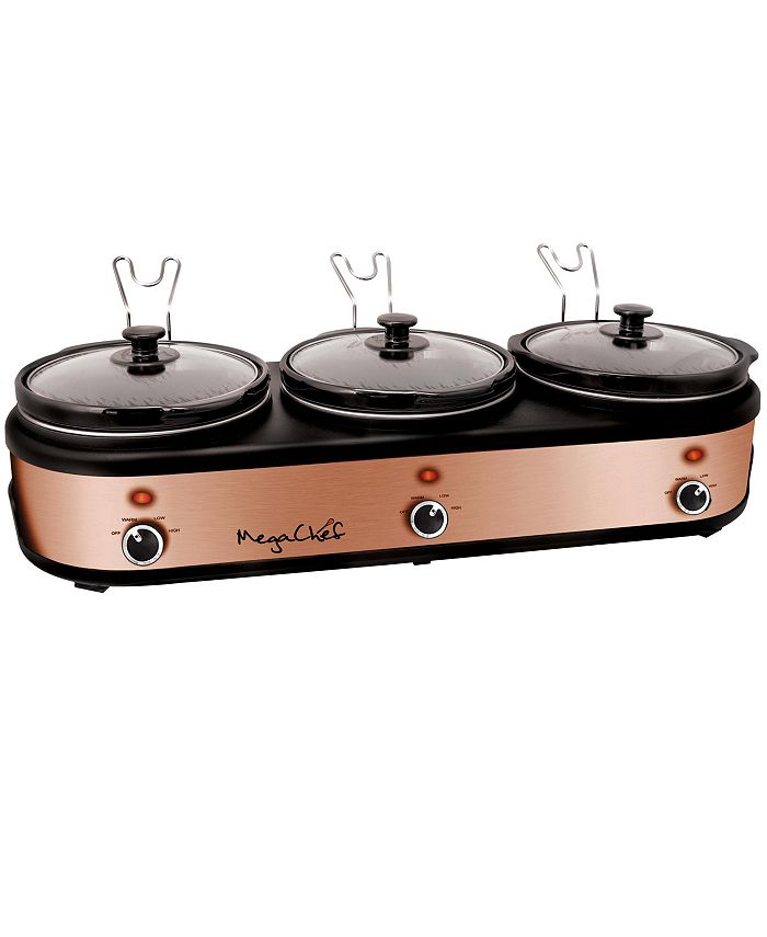 MegaChef Triple 2.5 Quart Slow Cooker and Buffet Server in Brushed Copper and Black Finish with
