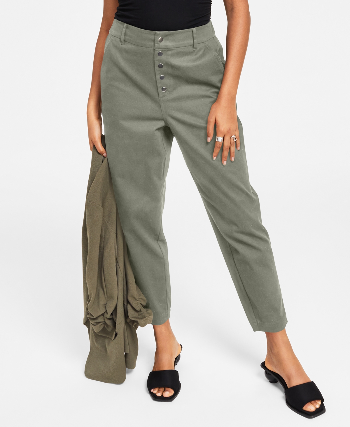 Bar Iii Women's Button Fly High Rise Tapered Pants, Created For Macy's