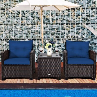 3PCS Patio Rattan Furniture Set Cushioned Sofa Coffee Table Garden