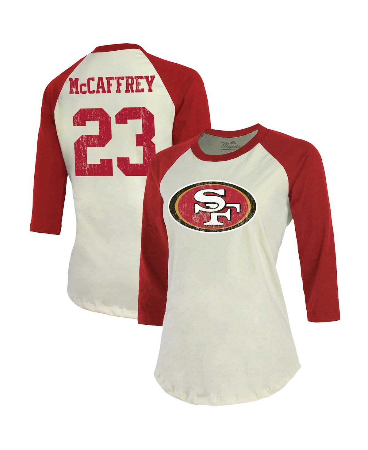 Majestic Fanatics Branded Christian Mccaffrey Cream/scarlet San Francisco  49ers Player Raglan Name & Number F In Cream,scarlet