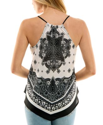 Juniors' Printed Handkerchief-Hem Sleeveless Top