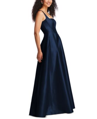 Plus Size Boned Corset Closed-Back Satin Gown with Full Skirt and Pockets