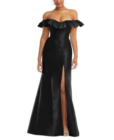 Женское платье Alfred Sung Off-the-Shoulder Ruffle Neck Satin Trumpet Gown, цвет: Чёрный