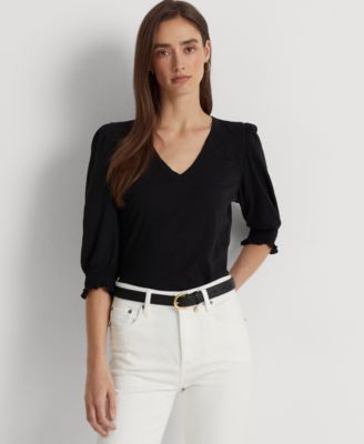 Lauren Ralph Lauren Women s Cotton Slub Jersey Puff Sleeve T Shirt Macy s