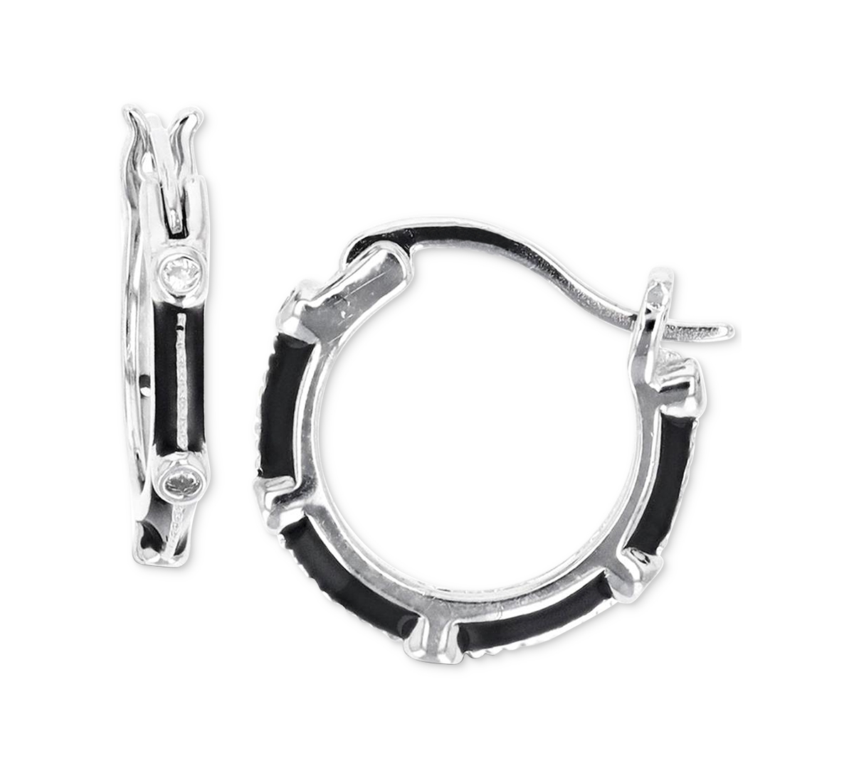 Macy's Black Enamel Segmented Small Hoop Earrings In Sterling Silver, 0.55"